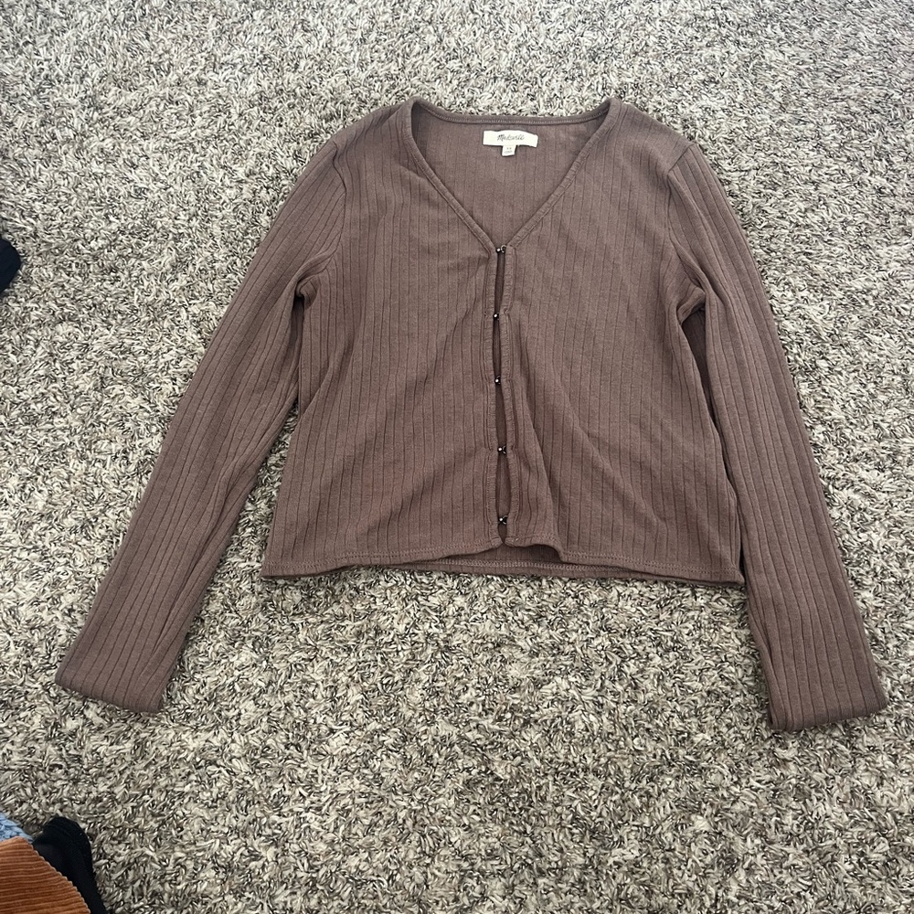 Brown Ribbed Cardigan Sweater